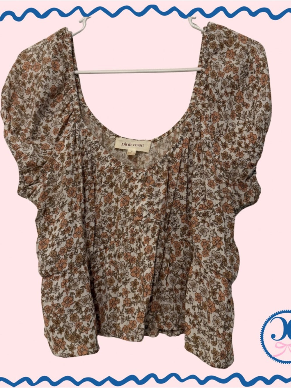 Pink Rose Floral Short Puff-Sleeve Blouse in Brown and Cream